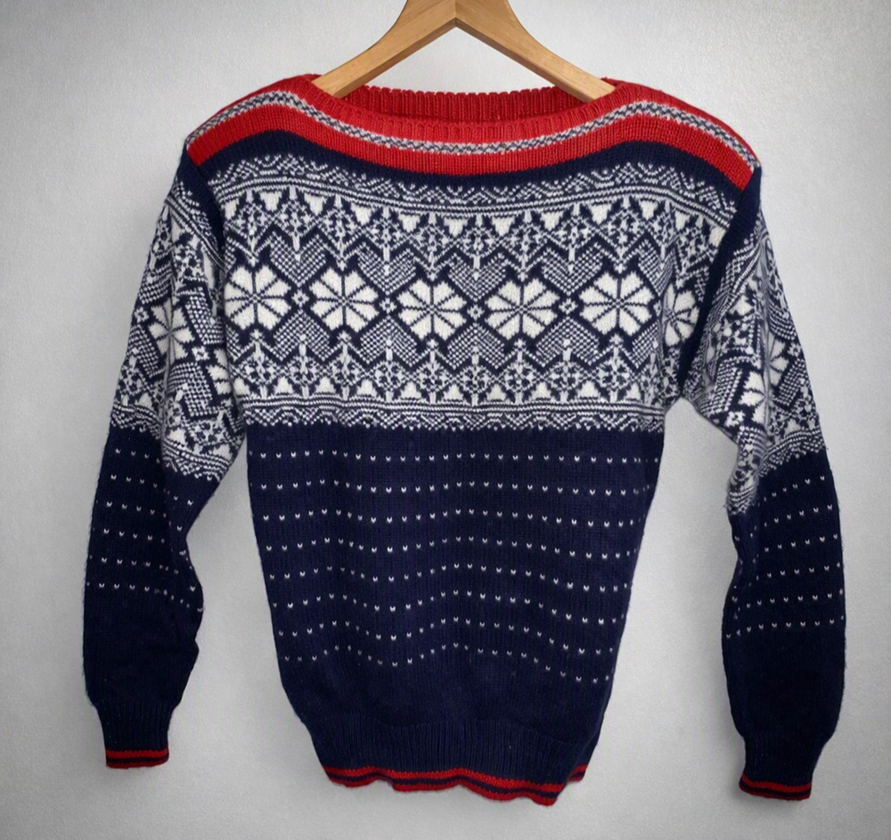 VTG ShuBs Acrylic Sweater Fair Isle Boat Neck Red White Blue S Knit Pullover